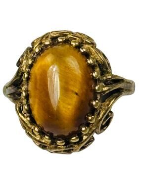 Vintage Oval Tigers Eye Quartz Yellow Gold Ring 8K Gold Size 6.75
